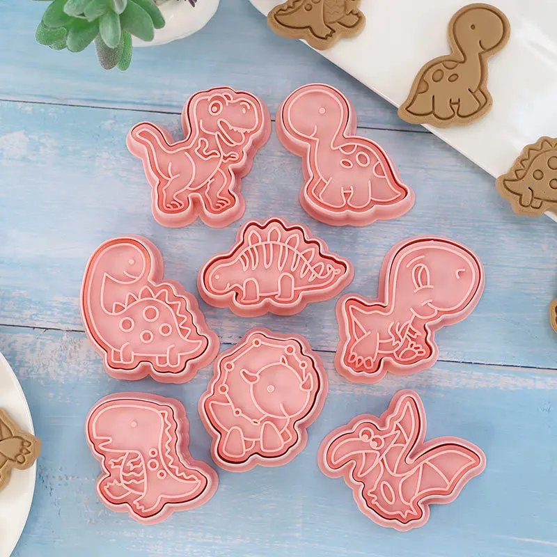 8Pcs/set Cartoon Dinosaur Cookie Cutters 3D Plastic Pressable Biscuit Mold Cookie Stamp Kitchen Baking Pastry Bakeware Tool cookie cutter baking mold cookie mould