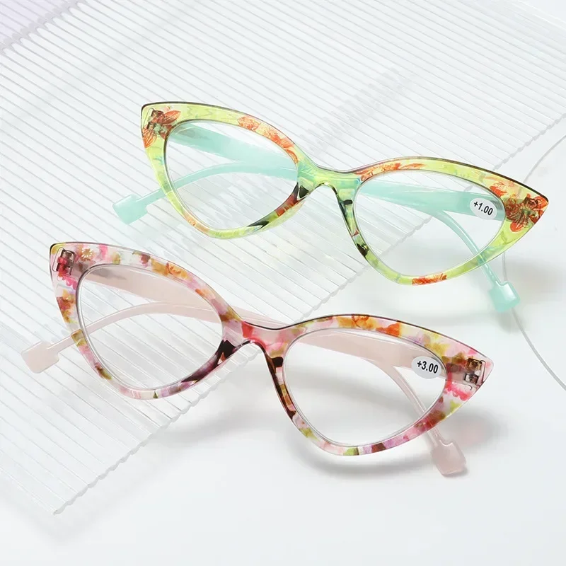 Cat Eye Hyperopia Eyeglasses Anti Blue Light Reading Glasses for Women Men Trendy Colorful Floral Frame Presbyopia Glasses 3