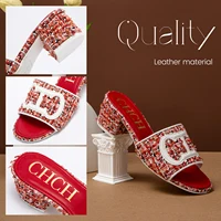 CH middle heel square heel slippers fabric fashion casual shoes luxury brand slippers girls street commuter slippers - Image 6