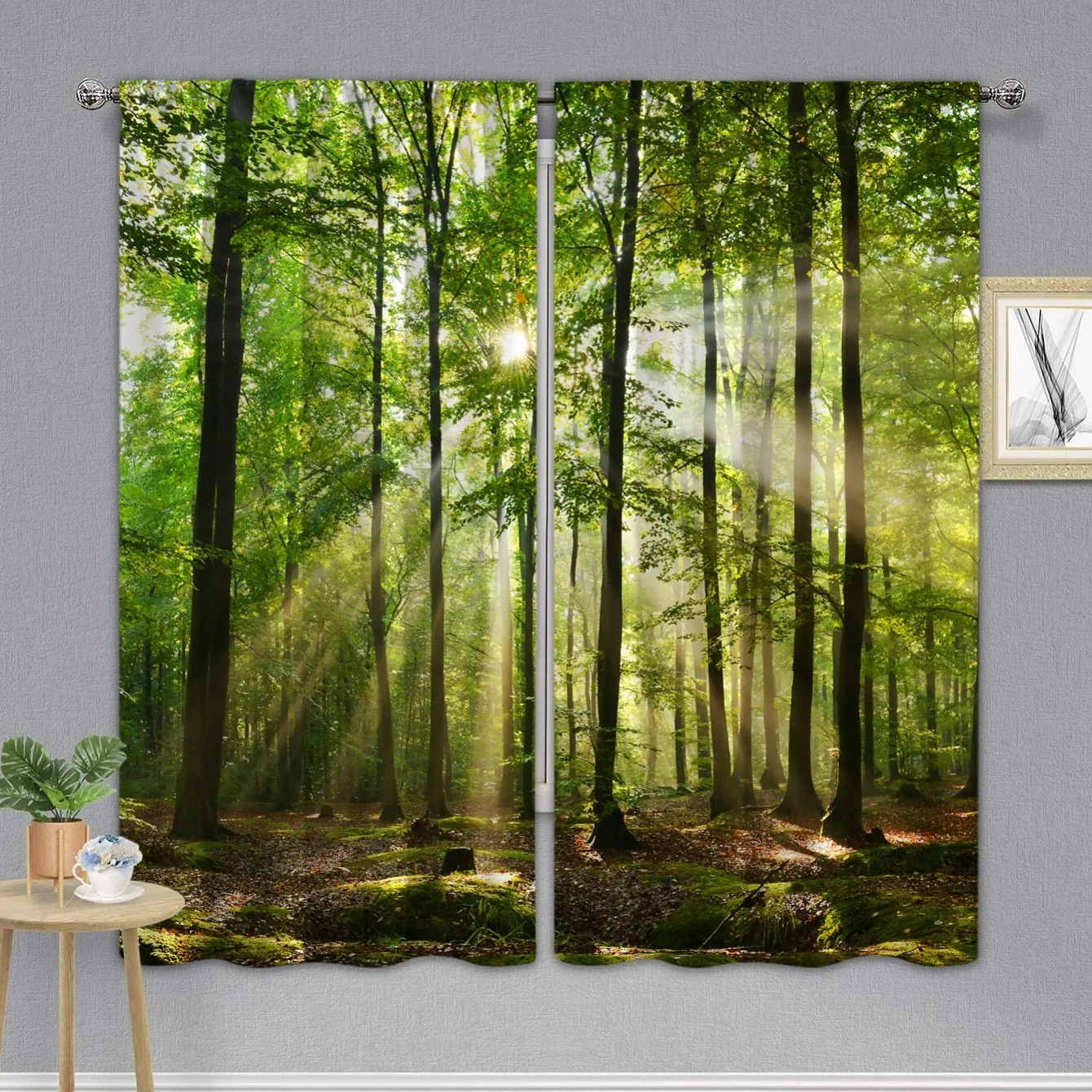 

2pcs Sunshine Forest Curtains, Enchanted Forest With Sunshine Scene Window Drapes Curtain Panel For Easy Hanging Home Room Decor