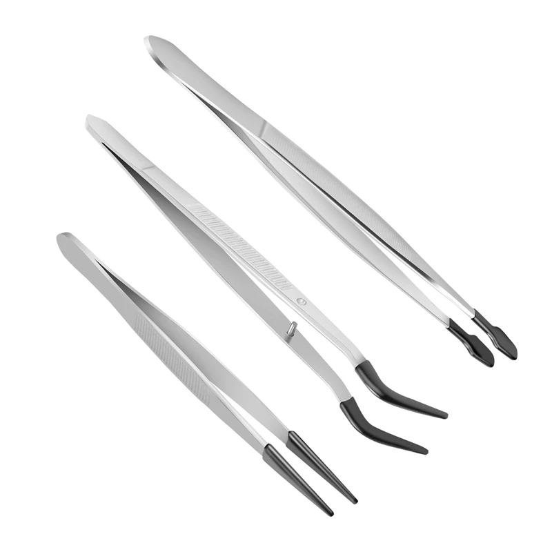 

3 Pcs Tweezers Rubber Tipped Tweezers 6Inch Straight Flat Tweezers & 6Inch Bent Tip Tweezers & 4.7Inch Pointed Tweezers