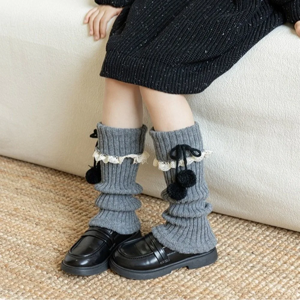 New Solid Color Leg Warmers Thickened Knitted Middle Tube Socks Bow Pompom Lolita Boot Covers Gift