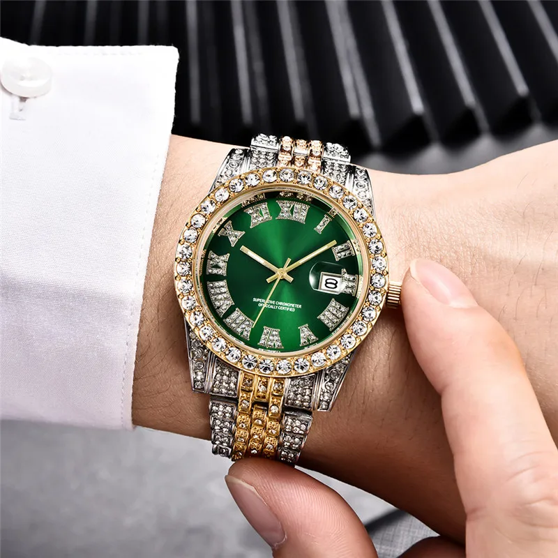 Cool Hip Hop Diamond Watches For Men Montre Fashion Alloy Band Luxury Brand Golden Date Quartz Clock Relogios Masculinos 2024