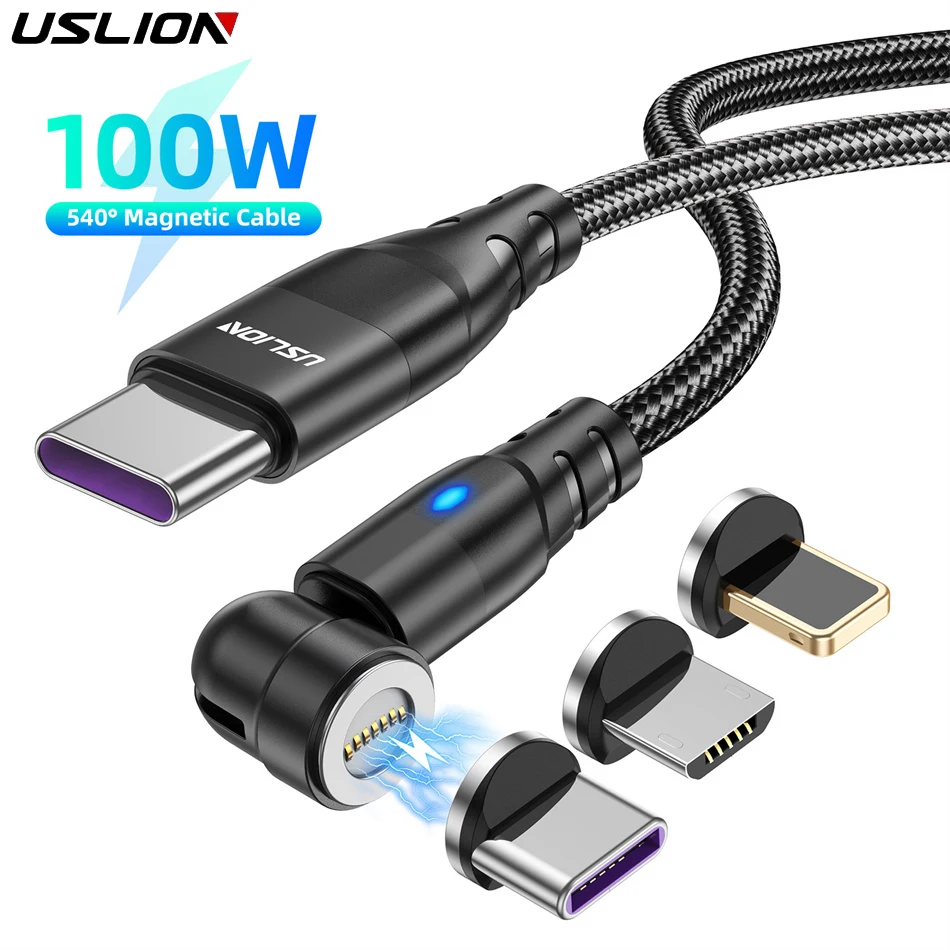 USLION 100W Magnetic Type C Cable 5A Fast Charging Micro Type C Cable For Macbook Samsung For iPhone Magnet Charger Wire Cord