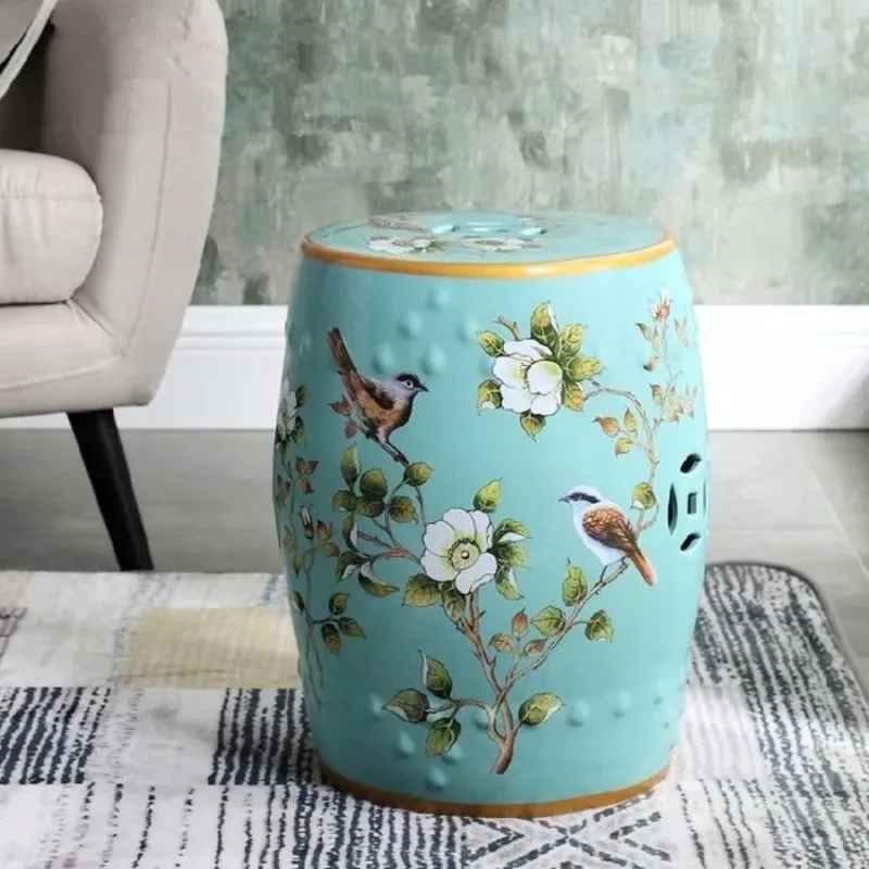 Vintage Turquoise Ceramic Garden Stool, Floral & Bird Chinese Style Decorative Drum Stool, Porcelain Accent Table for Patio