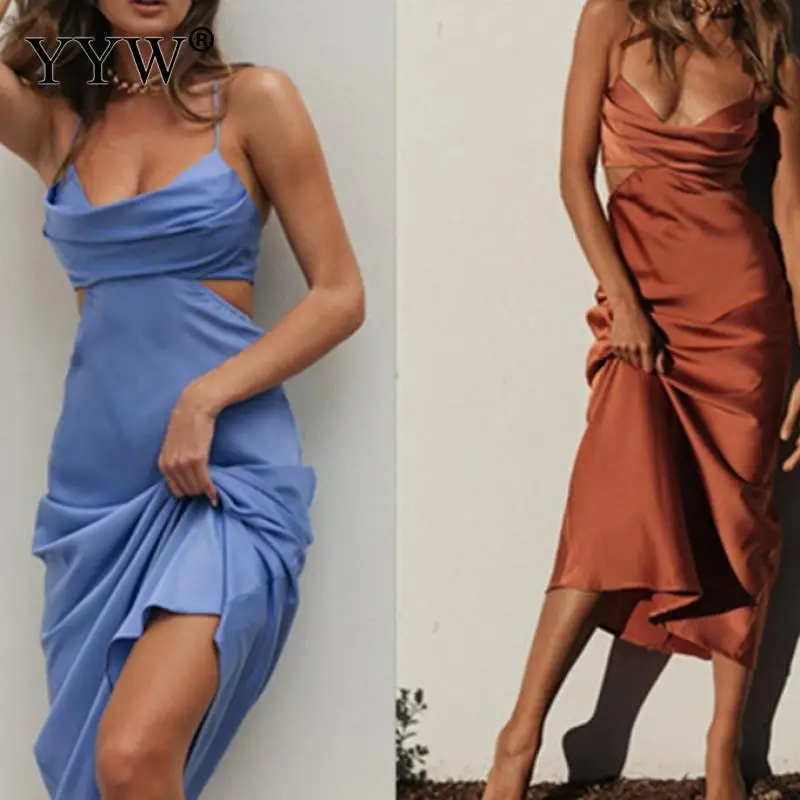 Female Elegant Straps Party Beach Vestidos Women Solid Color V-Neck Sexy Bodycon Long Dress Sleeveless Backless Summer Dresses