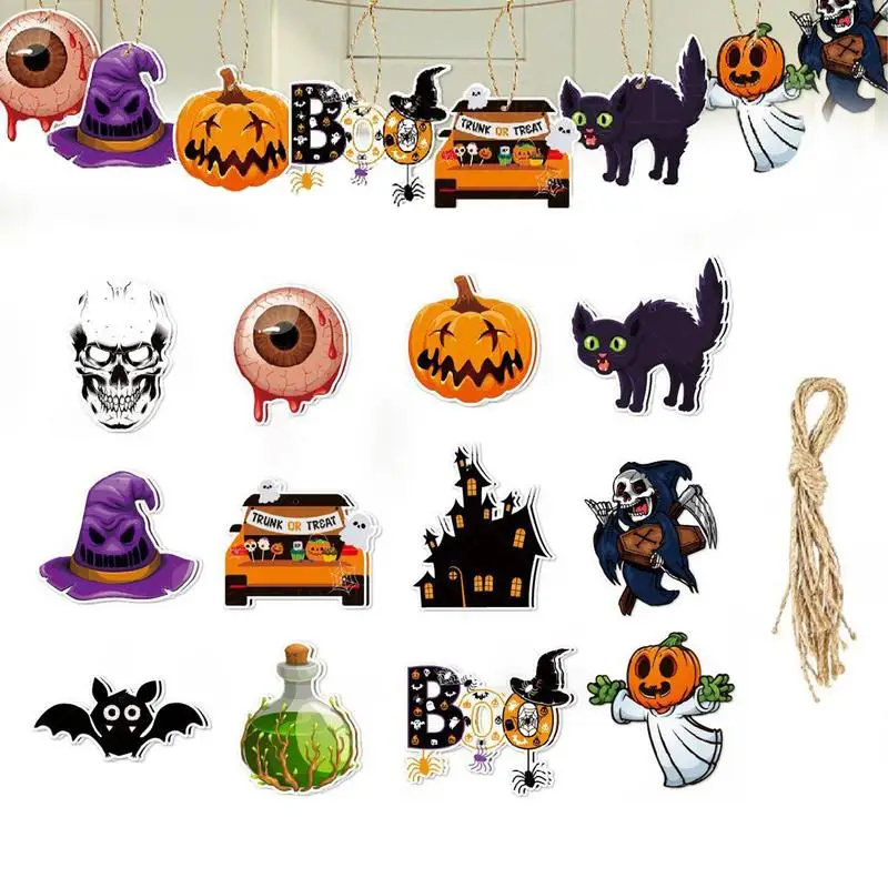 

Tree Halloween Decorations 12pcs Halloween Ornaments 2D Scary Signs Anti-Fade Smooth Halloween Pendant Spooky Decor