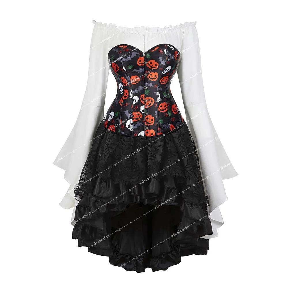 

Burlesque Corset Skirts Outfits Pumpkin Skull Printing Corsets Bustier Dress with Blouse Set Halloween Costume Vintage Plus Size
