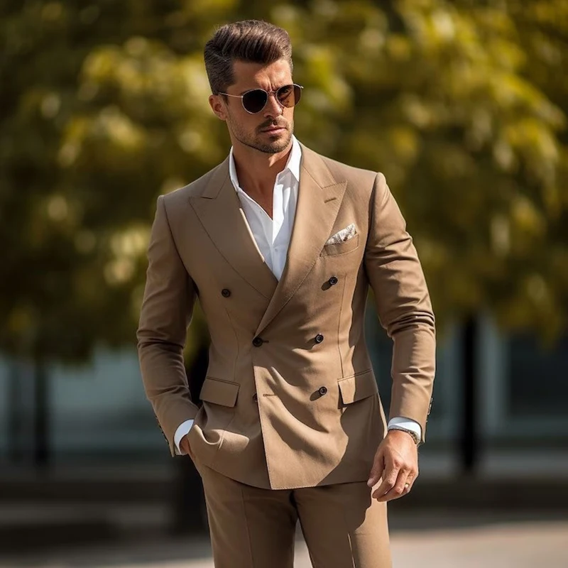 

Double Breasted Peak Lapel Chic Men's Suits Khaki Elegant 2 Piece Jacket Pants Bespoke Outfits 2024 Wedding Groom Full Set Tenro