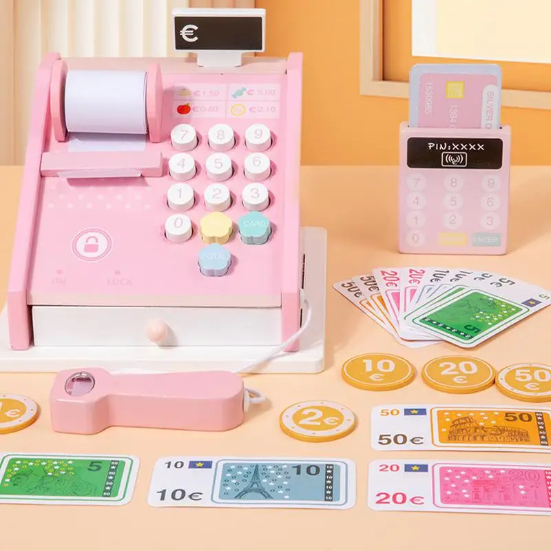 Wood Toy Cash Register Pretend Play Money Counting Toys Cash Register Play Money Strong Cashier Toy With Scanner And Credit Card 3