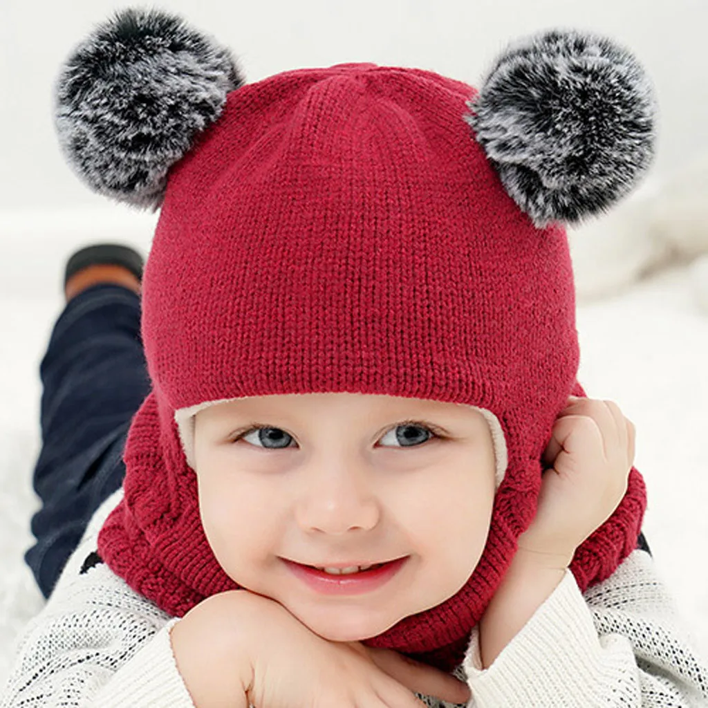 Kid Solid Pompom Beanie Baby Boy Girl Hooded Scarf Caps Hat Winter Warm Knit Flap Cap Scarf Newborn Winter Windproof Warm Hats