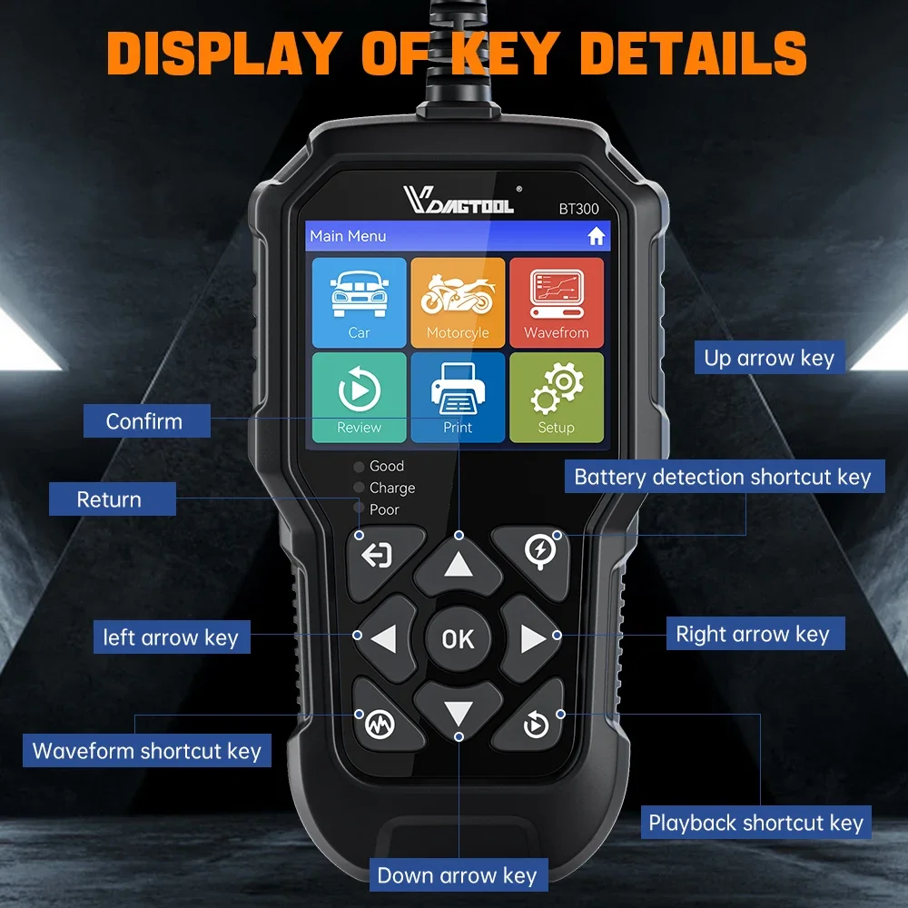 BT300 5-3000 CCA Car Battery Tester 6V 12V Automotive Charging Cranking Scanner Tools for Motorcycle Car Truck SUV