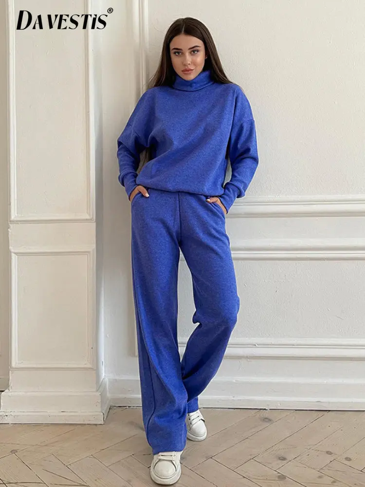 

2023 Winter Klein Blue Women's Warm Suits Thick Turtleneck Wool Female Knitwear Suit Set of Two Fashion Pieces for Women