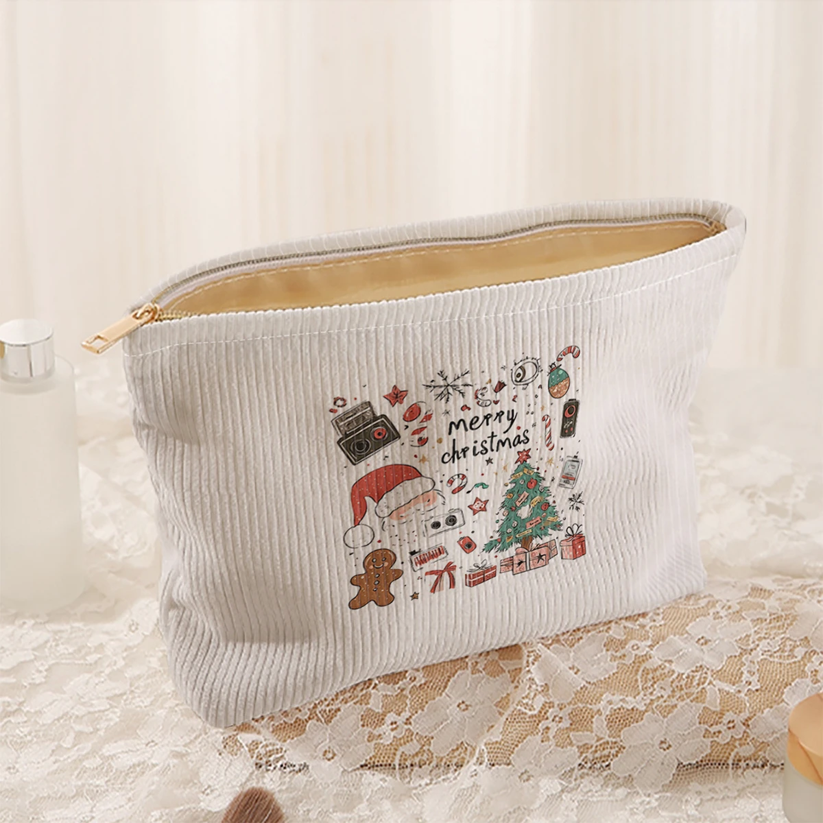 1 Christmas patterned corduroy makeup bag, lightweight zipper makeup storage box, multifunctional bag with lining