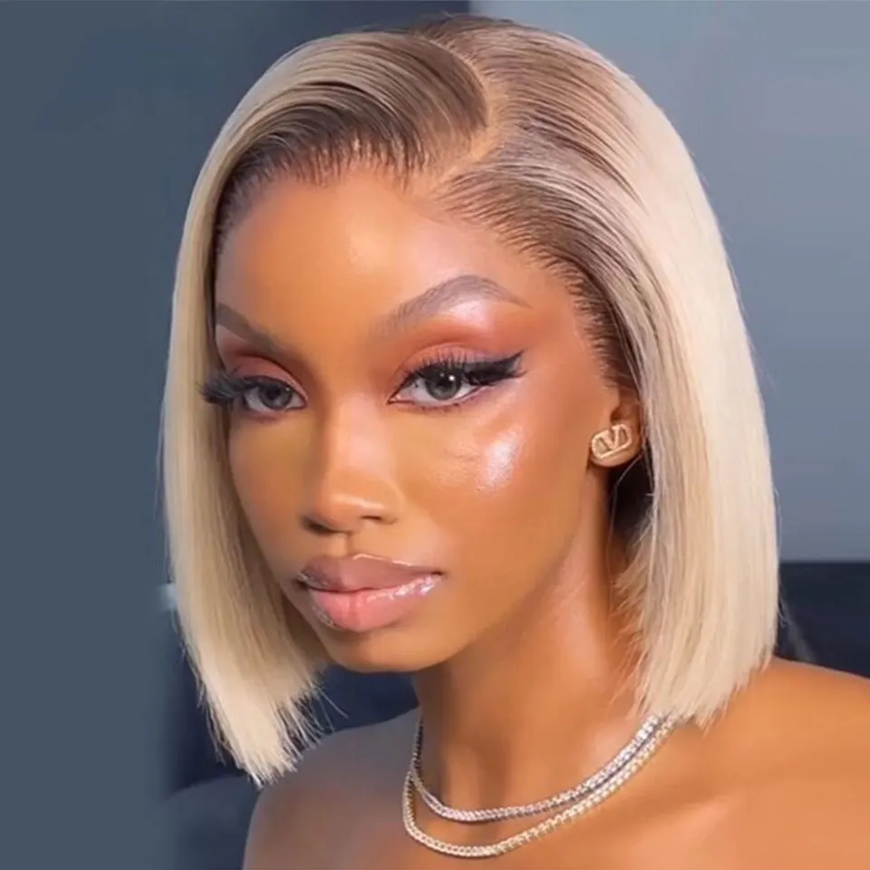 S852388ebe83c48ed9d306df09cfa9cb6I Short Bob Wig Ombre Blonde Lace Front Synthetic Wigs For Women Straight 150 Density 13x3 Colored Dark Roots Glueless Wig Mallzona