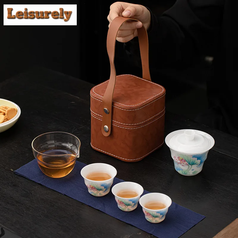 Ice Seed Jade Porcelain Lotus Charm Travel Tea Set Kit Zen 1 Pot 3 Cups Household Tea Making Organizer Portable Camping Handbag