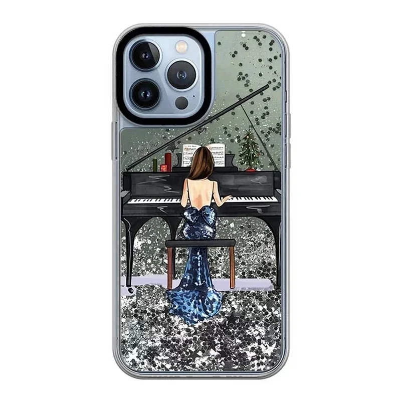 

Piano Girl Transparent Border Quicksand iPhone 12 13 15 14 Pro Max Protective Case, Fits iPhone 15 Pro Max