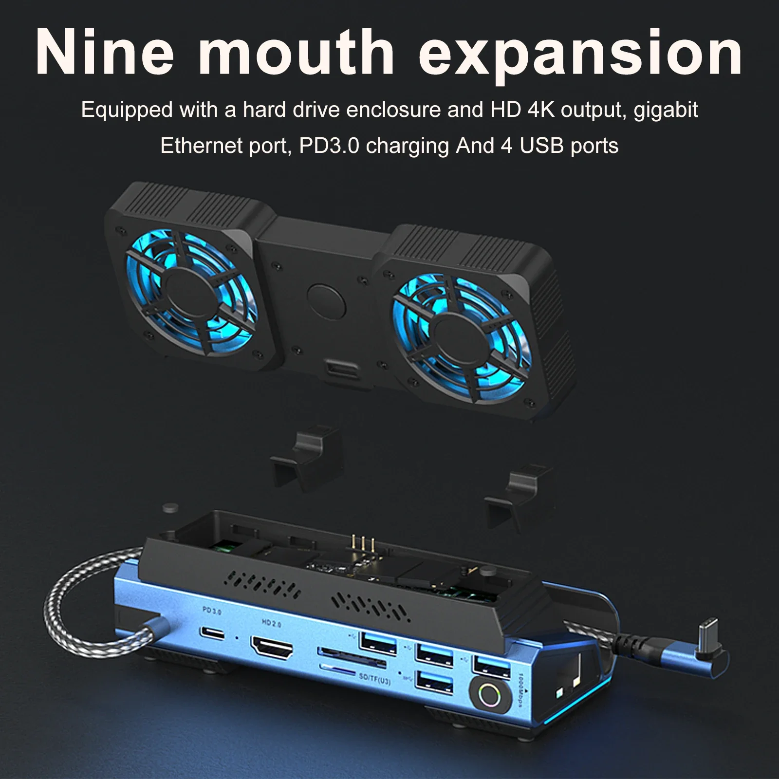 Steam DeckROG Ally/Switch M.2 PCie nvme 하드 디스크 박스, USB C 허브 4K60HZ 듀얼 팬 냉각용 10-in-1 Type-c 게임 도킹 스테이션