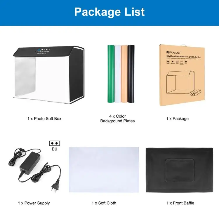 PULUZ 60cm x 40cm Cuboid Photo Studio Light Box Portable Foldable Studio Tent Kit with 4 Color Backdrops & 12 Light Panels