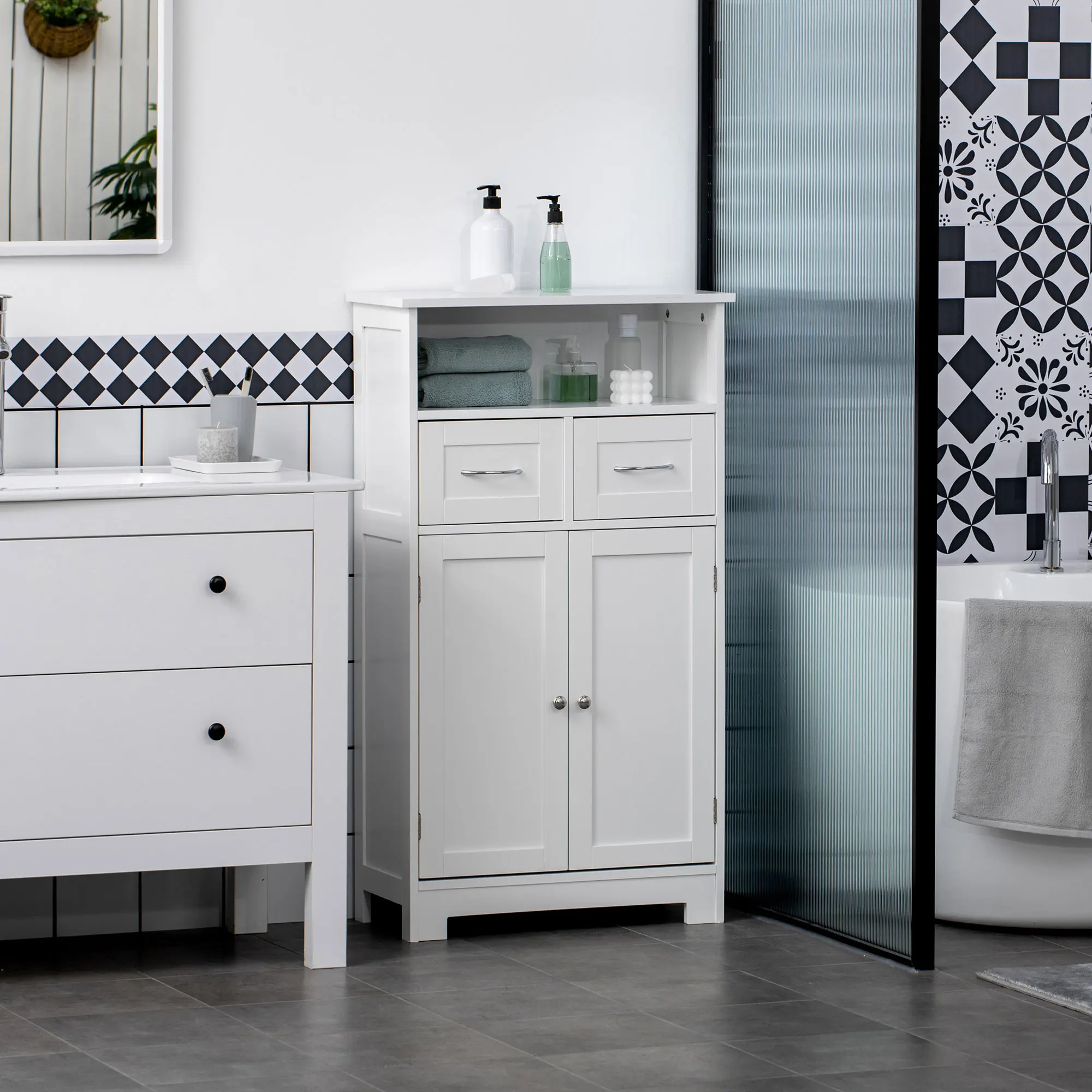Kleankin Bathroom Cabinet Organizer, Freestanding Small Storage Cabinet with Two Drawers and Adjustable Shelf for Living Room 2