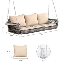 3-Seats Wicker Porch Swing Hanging Bench Chair Outdoor Gray Rattan Patio Swing Lounge with Cushions for Garden,  Balcony 2