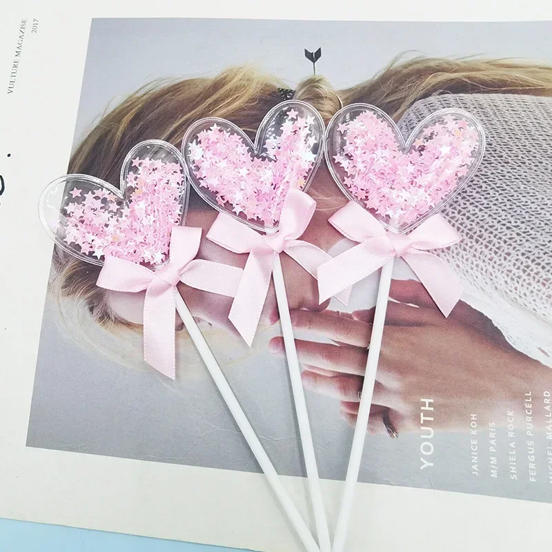6pcs Heart Cake Topper Pink Blue Yellow Star Sequins Wedding Cupcake Topper Baby Shower Birthday Party Cake Decorating Supplies