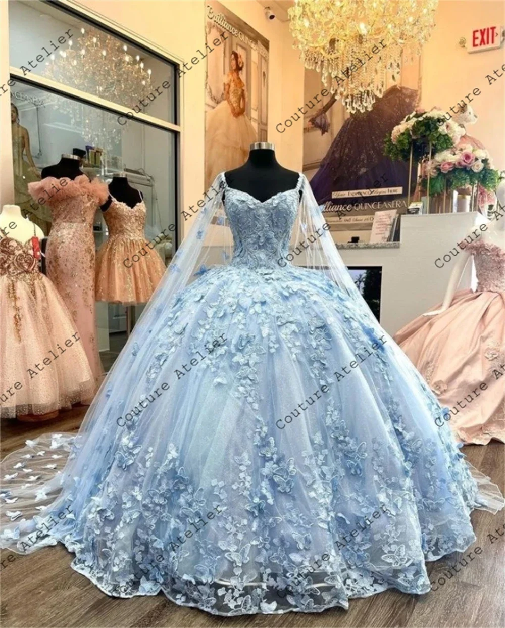 fitted lace wedding dress Light Purple Quinceanera Dressess with Cape Luxury Butterfly Applique –  formalgowns main image 1