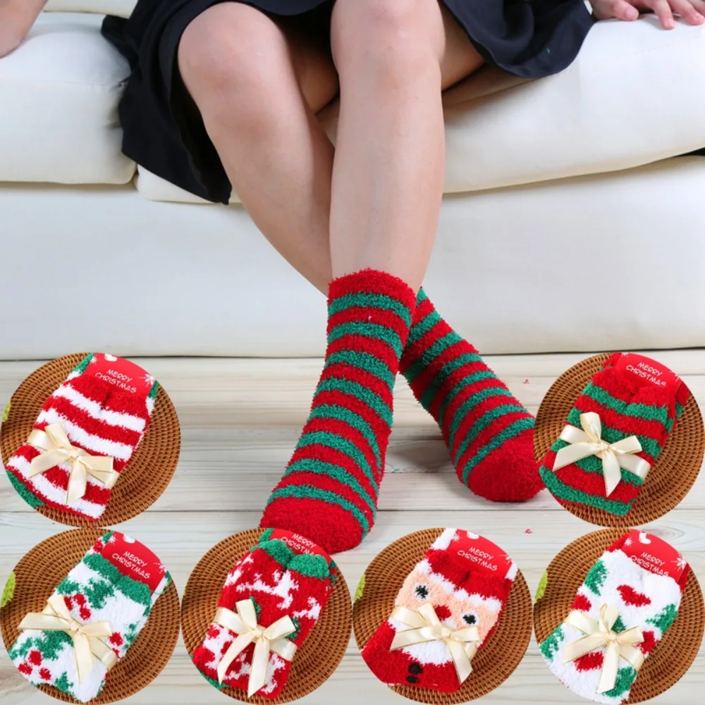 

1 пара мультяшных рождественских носков, зимние теплые пушистые носки, мягкие утепленные носки для пола, носки для сна с оленем и Сантой для женщин