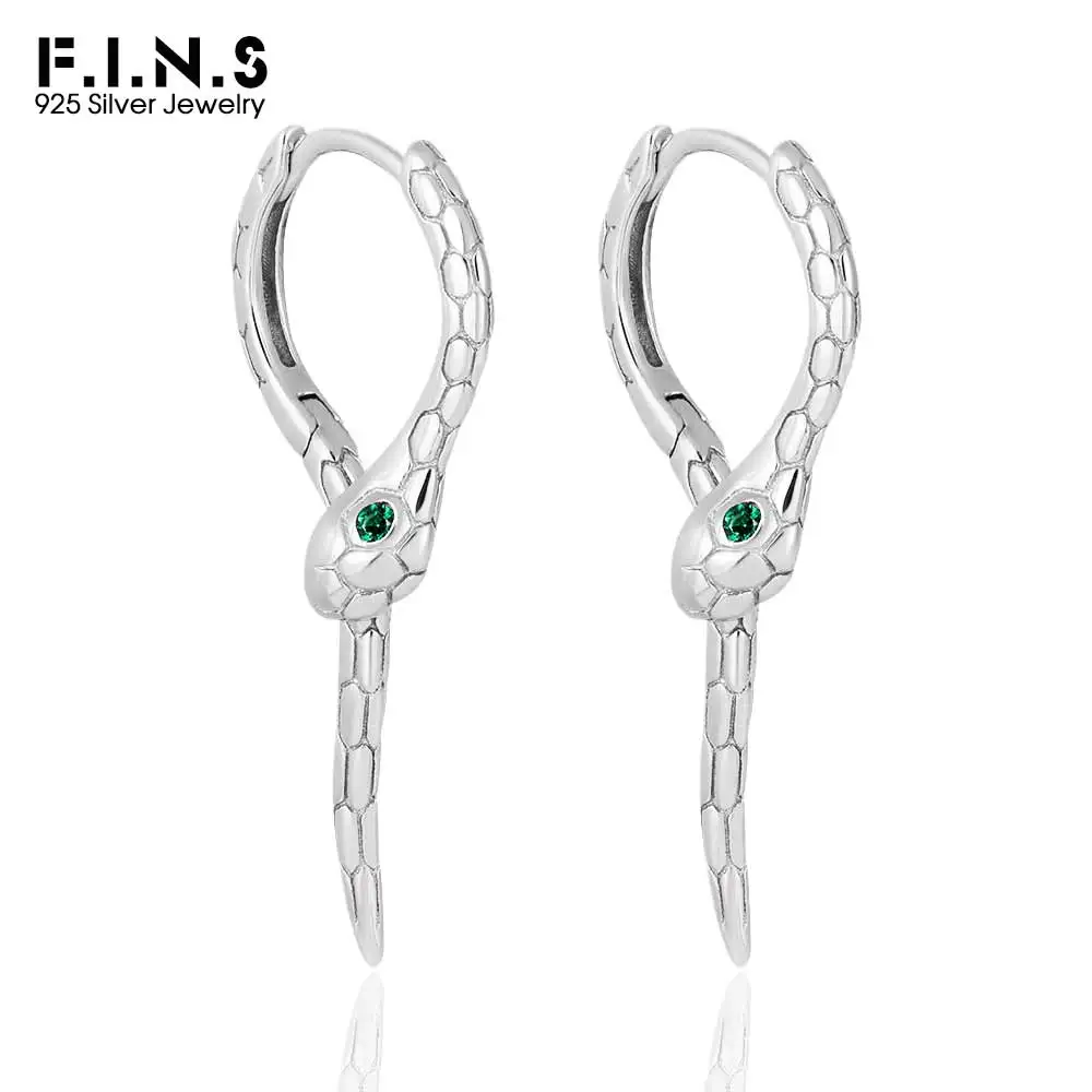 F.I.N.S Greens Zircon Snake-Shaped S925 Sterling Silver Earrings Round Hoops Pierced Viper Ear Buckles Fine Jewelry Anti-Allergy