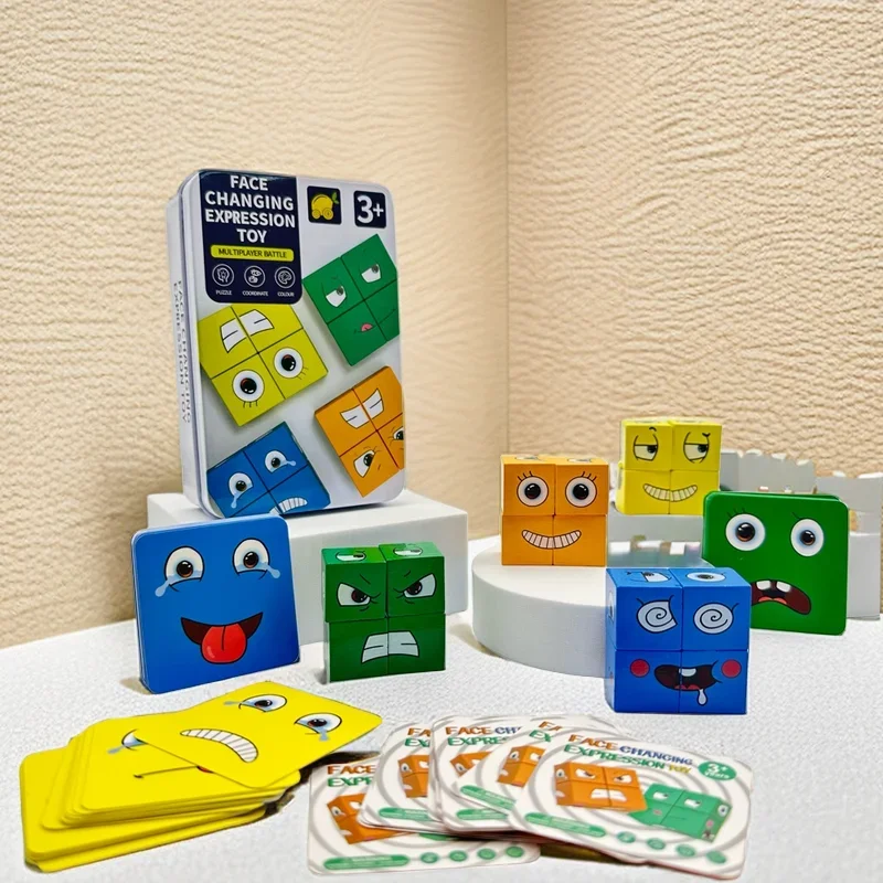 thumbnail image 1 of Bloques de construcción de cubos que cambian de cara, rompecabezas para niños pequeños, educación temprana, batalla de expresión, juguetes divertidos de madera, 1 of 4