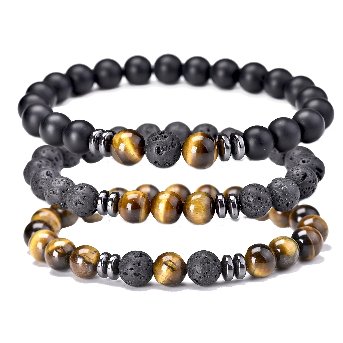 

8mm 3 pcs/Set Natural Stone Beads Bracelet For Men Tiger Eys Black Lava Howlite Jewelry Agates Elastic Bangle Bracelets