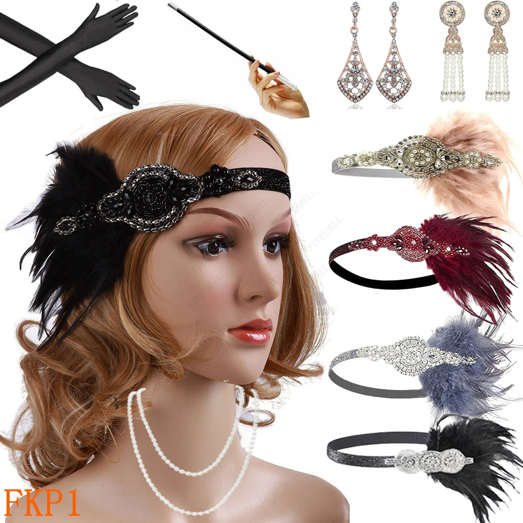 1920s flapper dress accessori Retro Party props GATSBY CHARLESTON fascia  per capelli collana di perle fascia di piume bianche per il matrimonio -  AliExpress