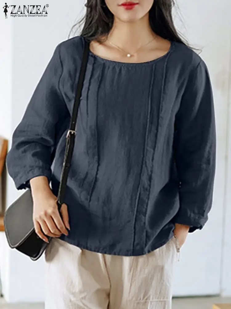

ZANZEA Women O Neck Cotton Blouse Vintage 3/4 Sleeve Work Shirt Autumn Tunic Tops Pullover Female Pleated Blusas ElegantChemise