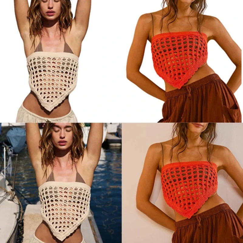 

Crochets Cover Up for Women Strapless Bandeau Tube Top Hollowed Out Swimsuit Cover Up Knits Summers Outfit Swimwears