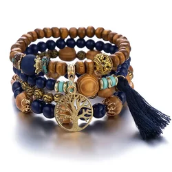 Boho Tree of Life Bracelet Set with Tassel Charms and Wooden Beads (5)