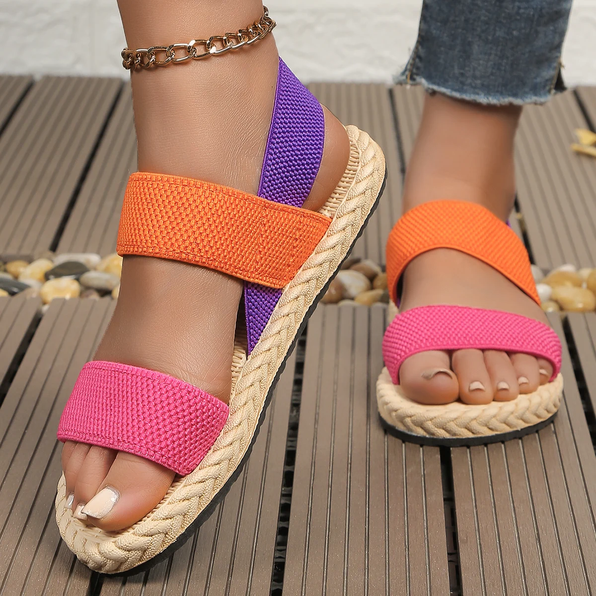 Women&rsquo;s Anti-slip Wear-resistant Elastic Flat Sandals Fashion Trend Multi-color Matching