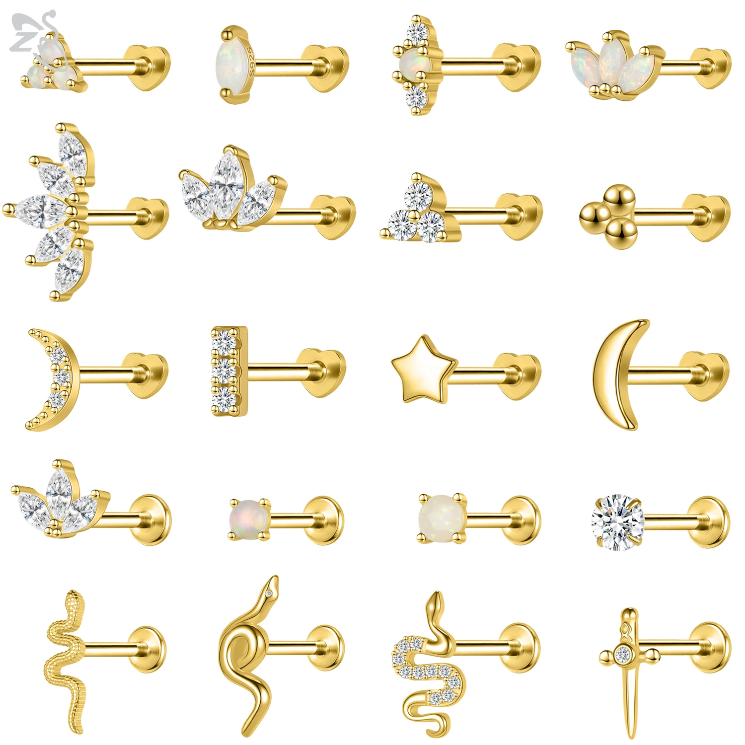 

ZS 1PC Gold Color 925 Silver Lip Stud Zircon Labret Piercing Internal Thread Cartilage Earring Star Helix Tragus Piercing 16G