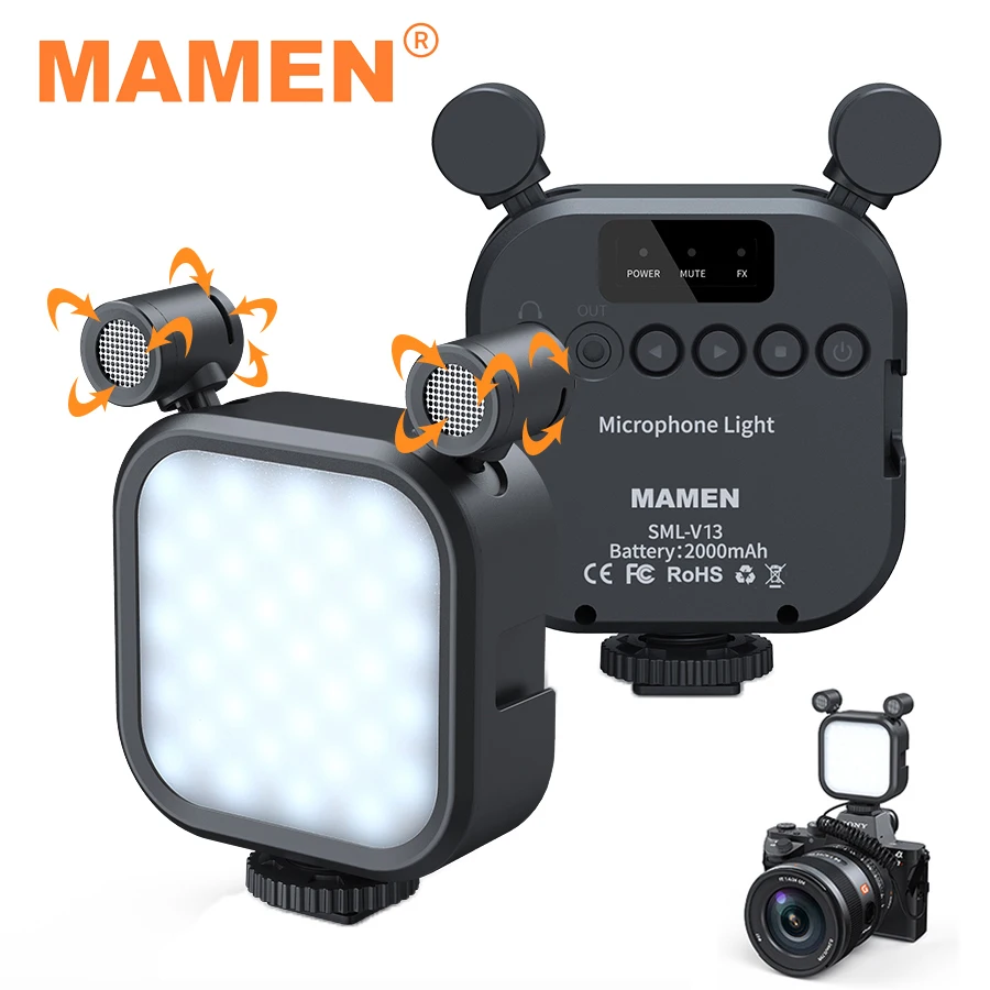 MAMEN-실시간 모니터링 마이크가 있는 카메라 LED 비디오 라이트, 유튜브 Vlog 사진 조명용 2000mAh 충전식 램프