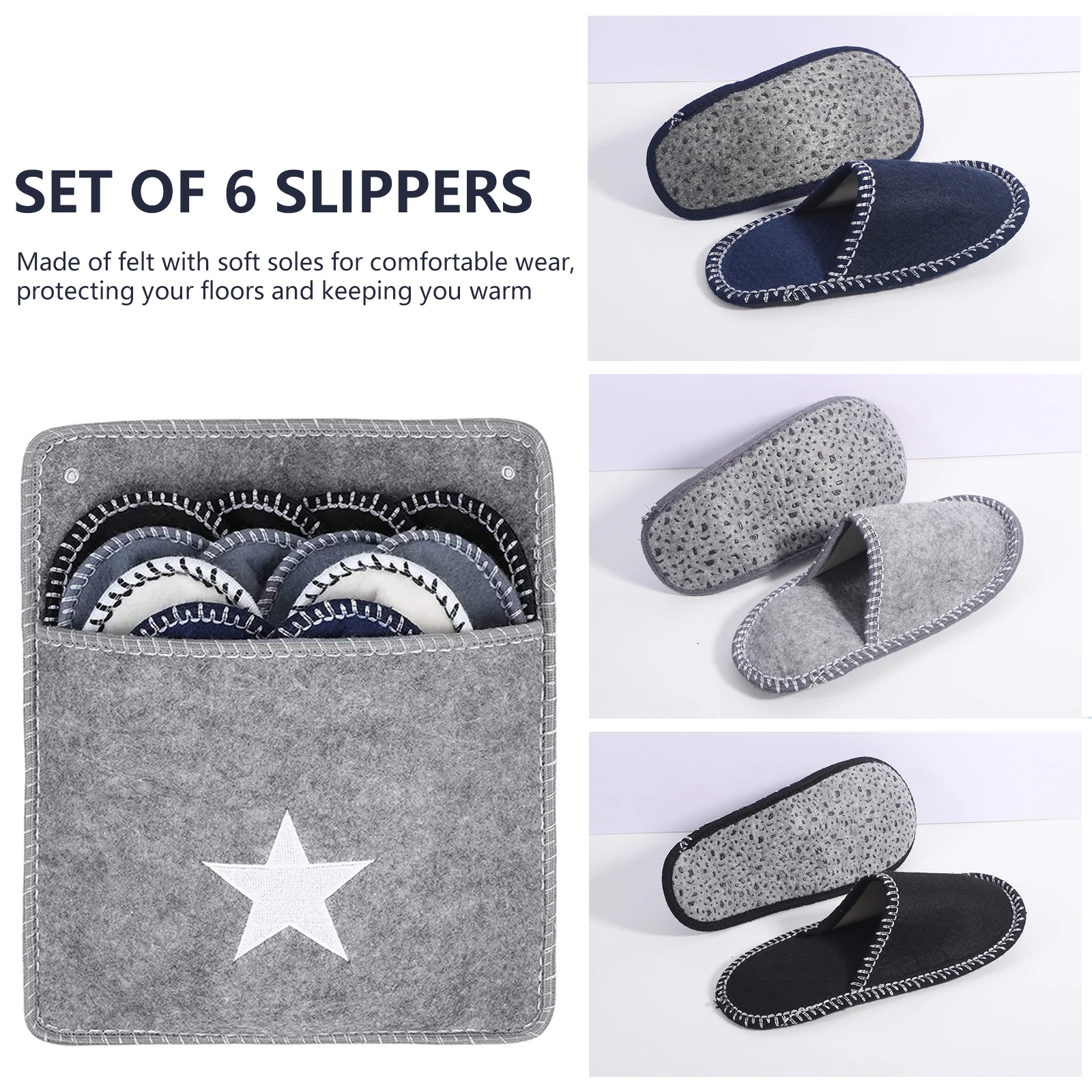6 Pair Family House Guest Slippers Set Non-Slip Sole Closed Toe Unisex Slippers Felt Disposable Slipper for Bedroom Travel Hotel