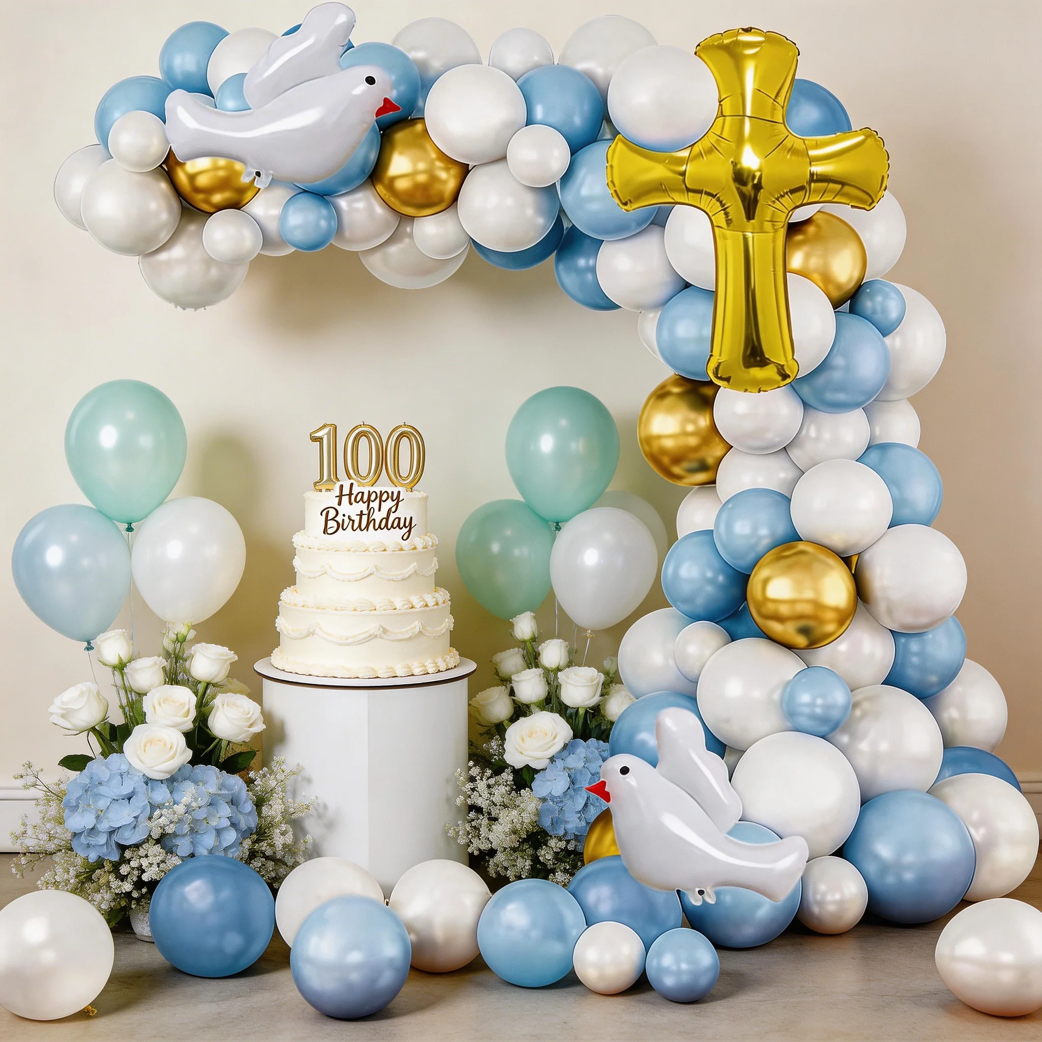100-teiliges Ballonbogen-Set mit Gottes- und Gebetsthema, blaue und weiße goldene Ballonkette, Tauben- und Kreuz-Aluminiumfolienballons, für Taufe/Erstkommunion/Baby-100-Tage-Feier, Party-Hintergrunddekoration – Detail 7
