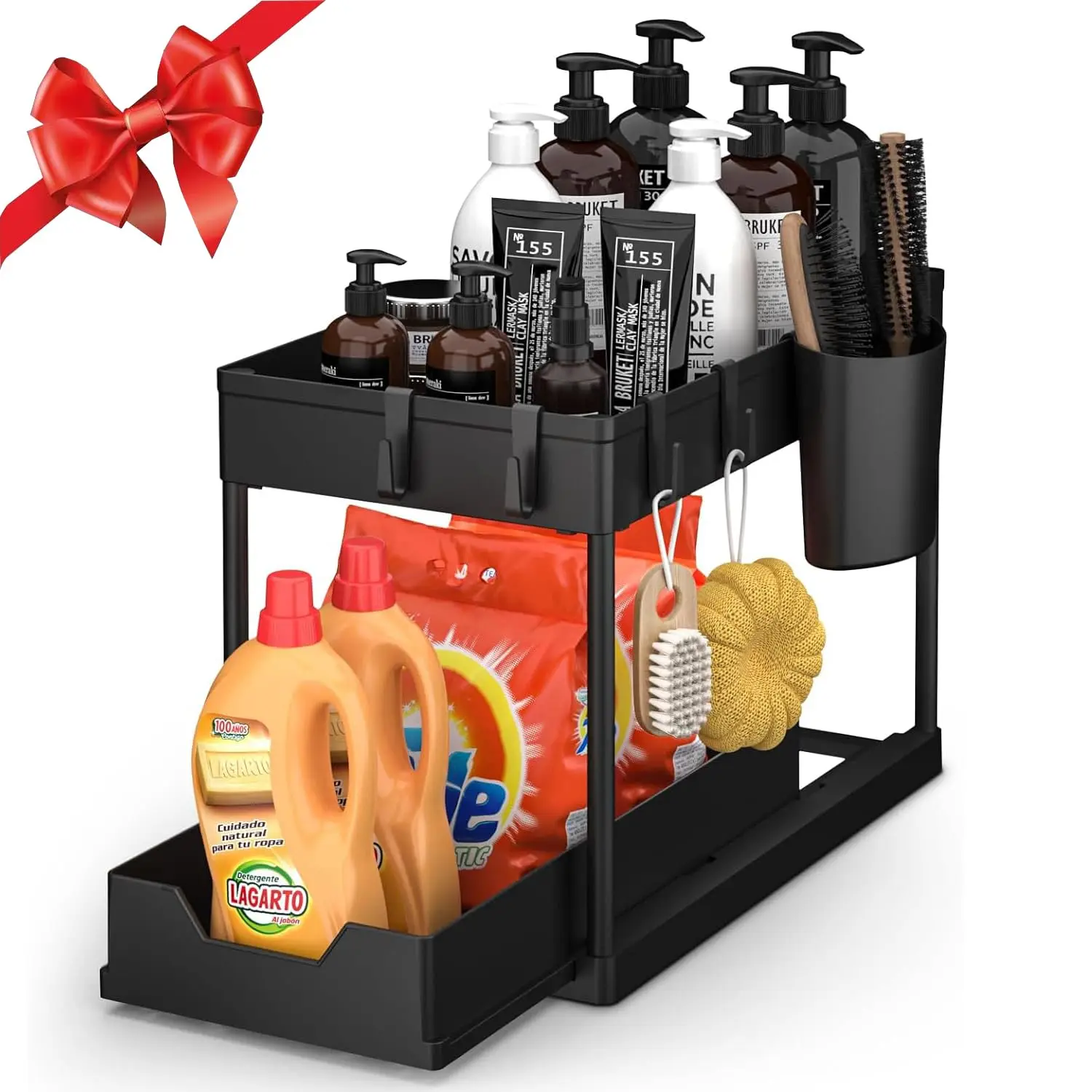 Organizer Per Armadietti Bagno E Cucina - 2 Ripiani Scorrevoli Con Ganci, Set Da 2