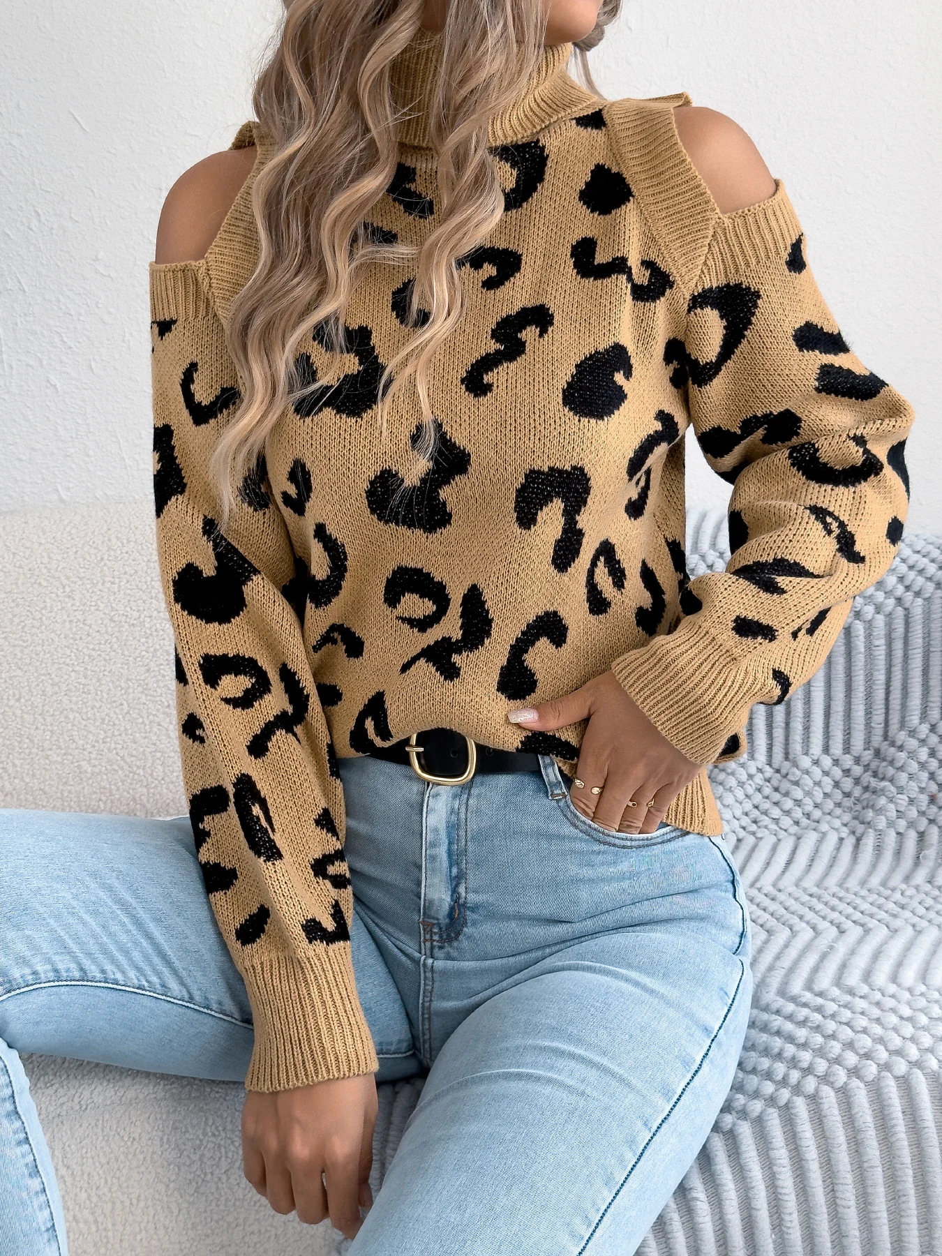 Women Off Shoulder Leopard Knitted Sweater