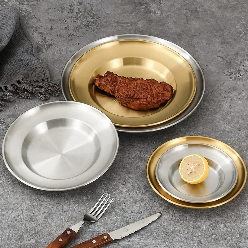 6Pcs Stainless Steel Dining Dish Camping Picnic Tray Dirt Proof Kitchen Bar Tableware Fruit Snack Cake Plate Kitchen Accessories