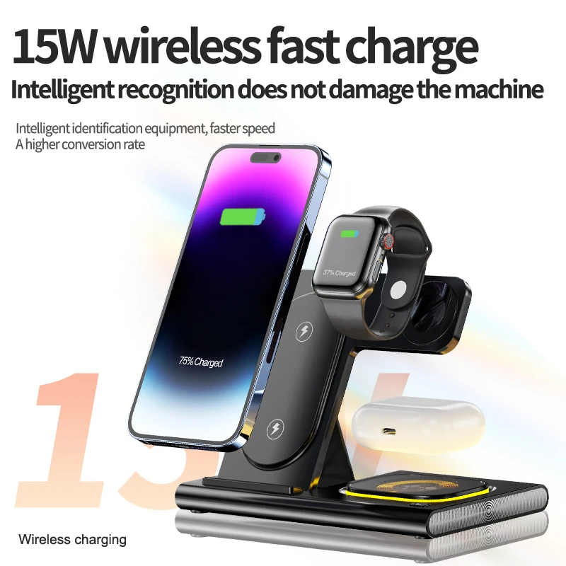 3-in-1 15W Fast Wireless Charger for iPhone iWatch air pods Earphones Portable RGB Magnetic Holder fast wireless charger A80