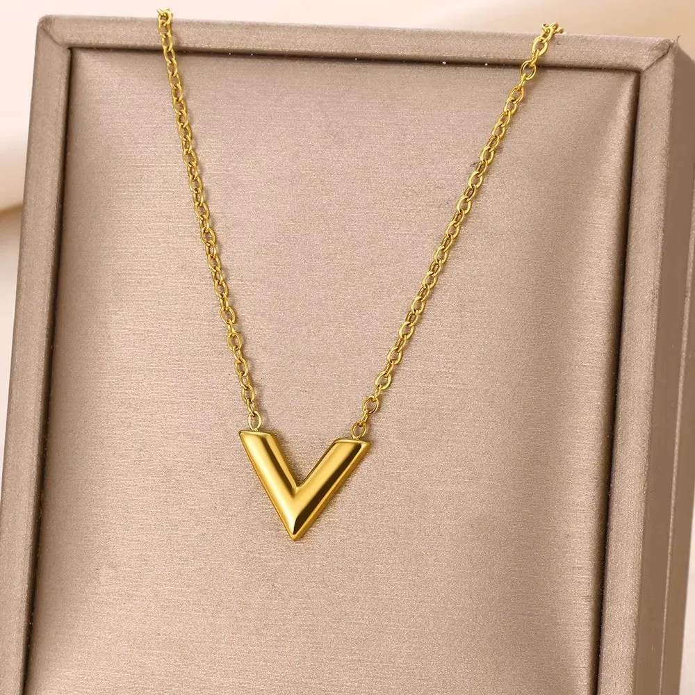 Stainless Steel V Letter Necklaces For Women