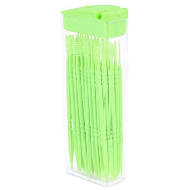 

50 Pcs Plastic Toothpicks 2 Way Tooth Picks Interdental Brush Cleaners Portable Box Random Color
