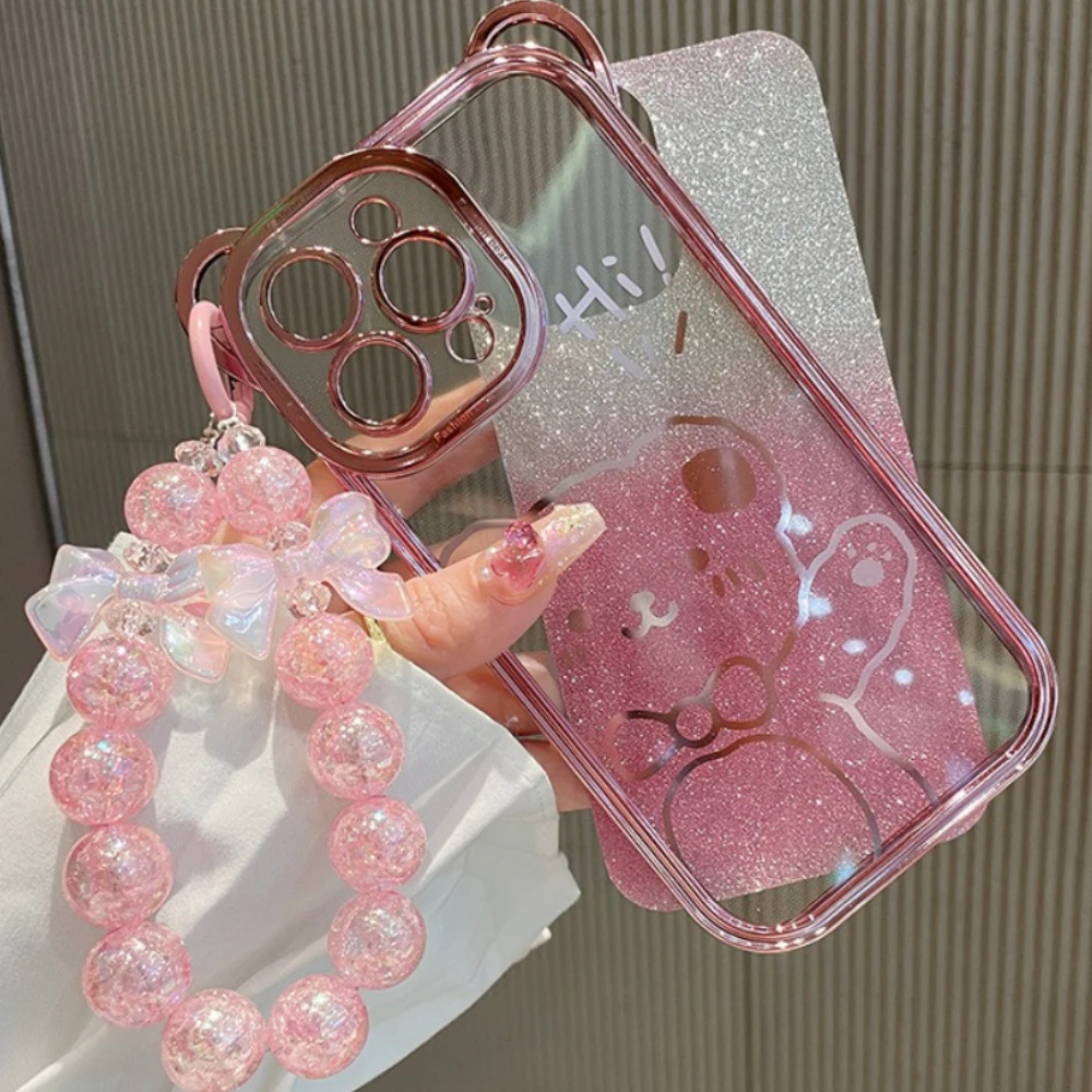Sparkling Little Bear Bead Pendant Phone Case with Anti-Drop Chain Protection