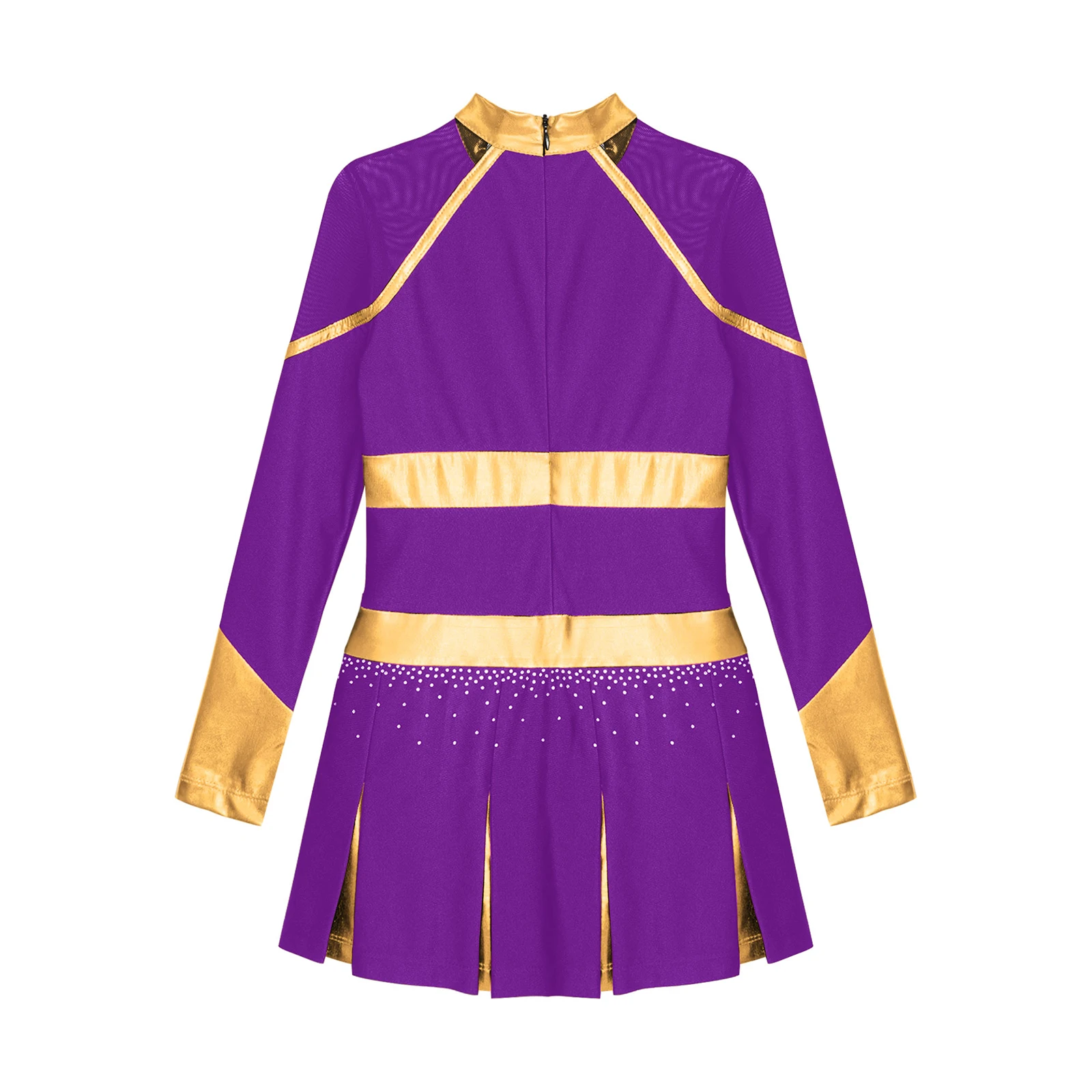 Description Picture 5 of itemKids Girls Cheer Dance Costume Teens Glittery Rhinestones Cheerleading Uniforms Metallic Patchwork Long Sleeve Cheerlead Dress