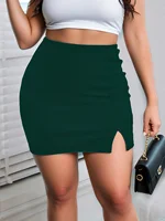 Ladies Plus Size Solid Color Bodycon Mini Skirt with Side Slit Fashion Pencil Skirt - Image 3