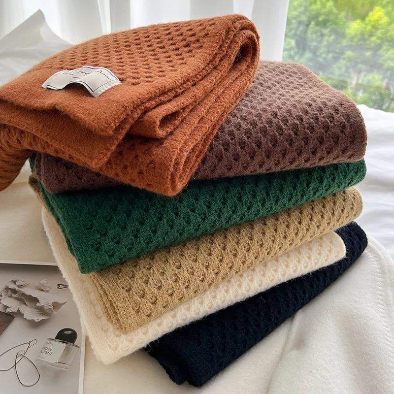 

Fashion Pure Color Knitted Scarf for Women Warm Winter Cashmere Neckerchief Lady Neck Tie Bandana Woolen Yarn Skinny Foulard